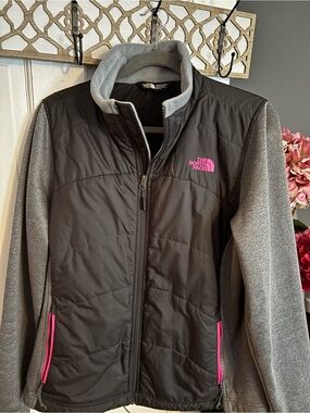 The North Face Women’s Black & Gray Hybrid Puffer Jacket with Pink Accents